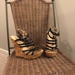 Bamboo Black/Cork Caged Platform Wedges